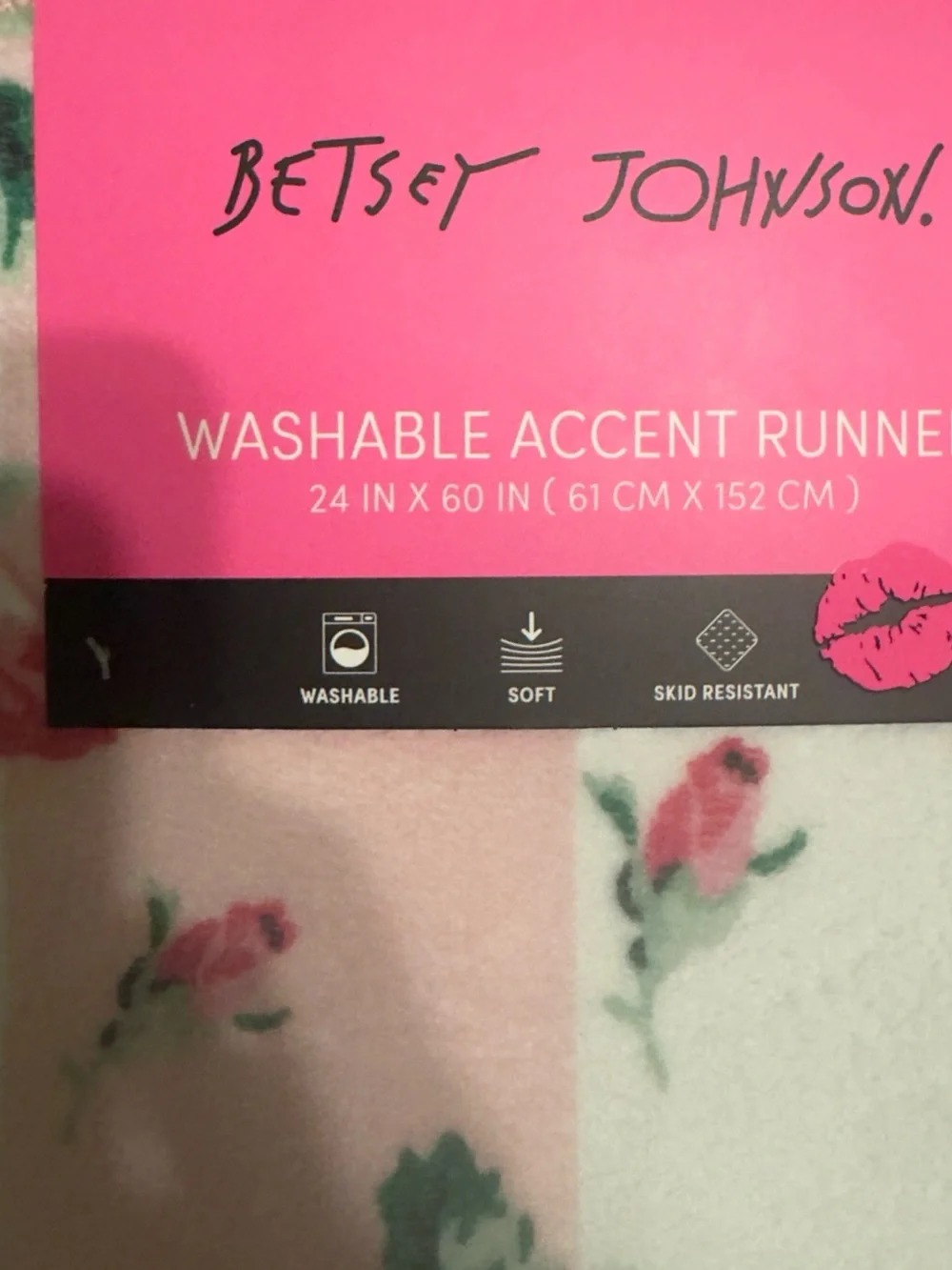 Betsey Johnson Pink Floral Stripe Washable Accent Runner Rug 24x60 NWT